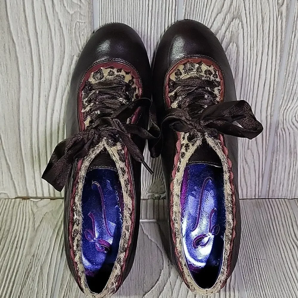 Poetic Licence Backlash Chocolate Leopard Print Lace Up Heels Womens EU37 US 6.5